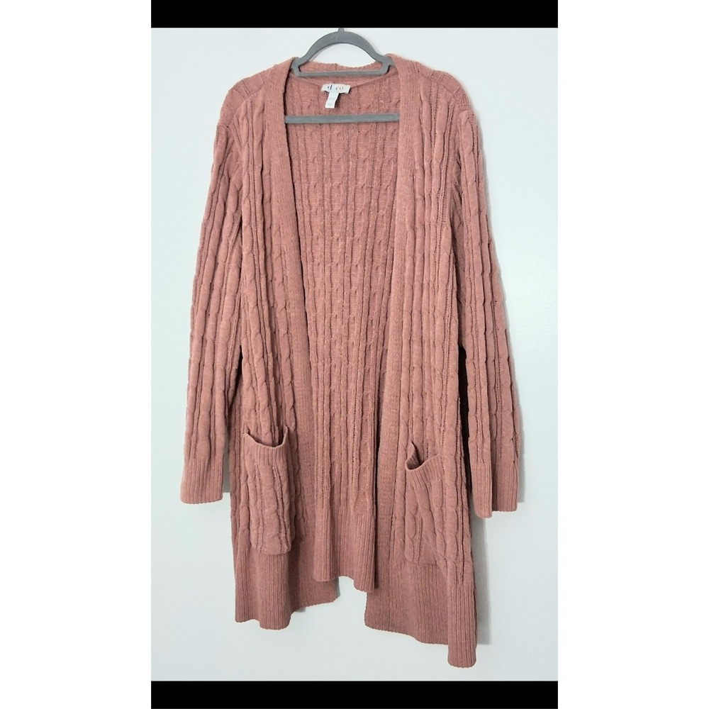 Denim & Co Cardigan Women's Size 3X Pink Chenille Open-Front Cable Knit Pockets